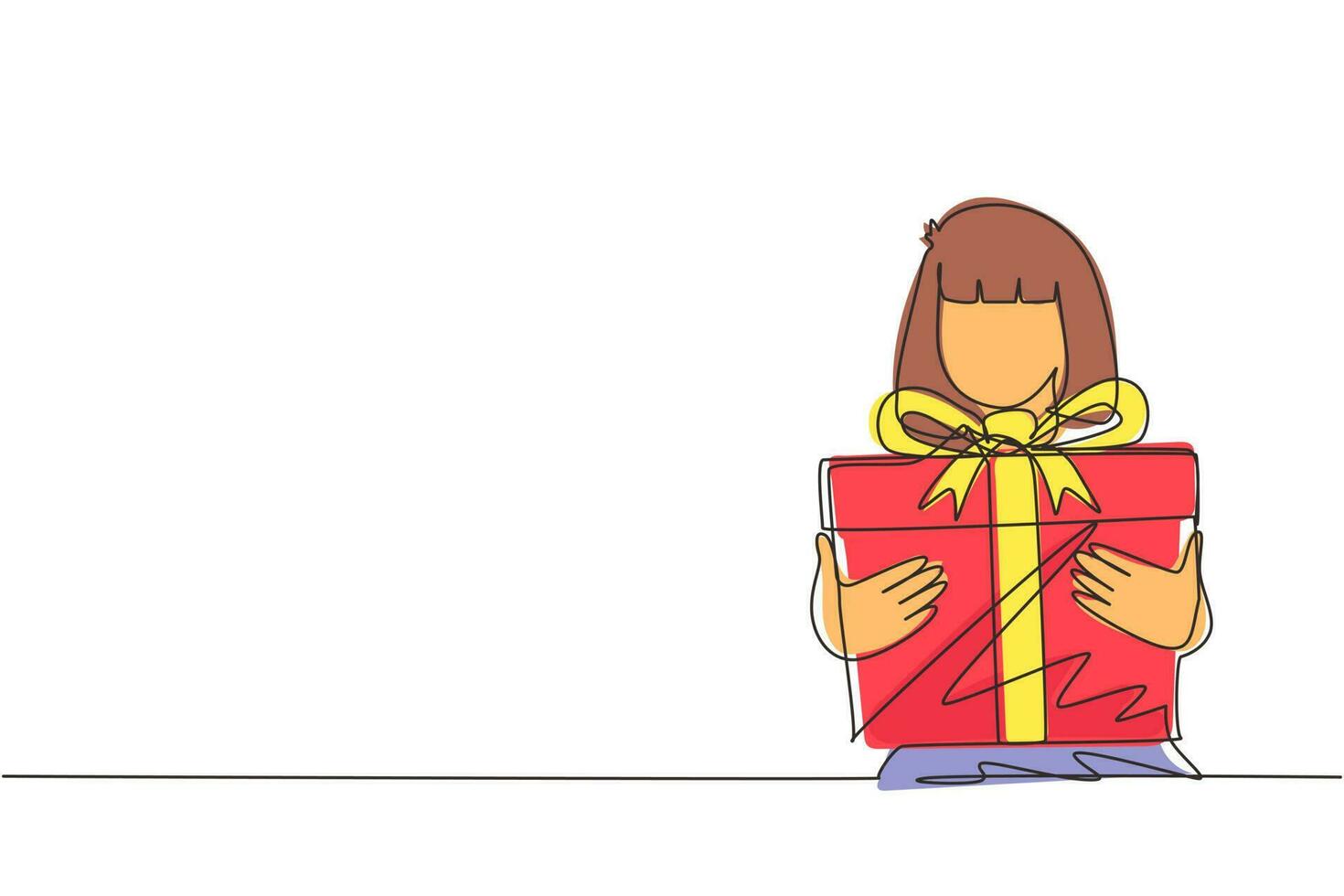 Single One Line Drawing Cute Girl Holding Big Ribbon Bow verpackte Geschenkbox vor ihr in den Armen. kleines Mädchen trägt Weihnachtsgeschenk mit großer roter Schleife in ihren Händen. Designvektor mit durchgehender Linie vektor