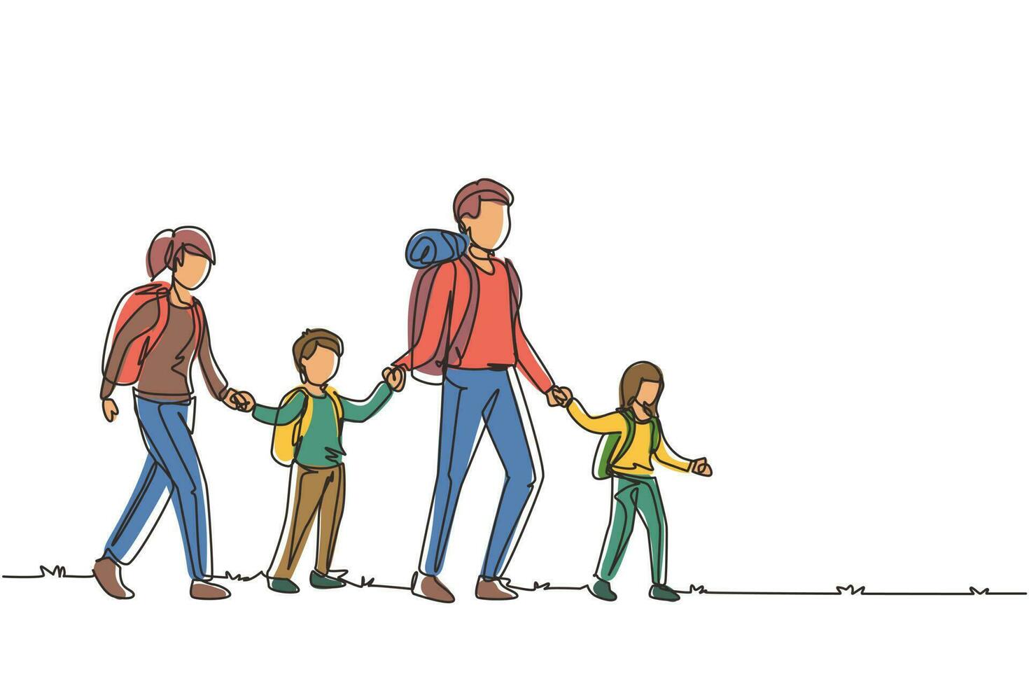 einzelne linie, die glückliche familie zeichnet, die zusammen in bergen reist. vater, mutter und kinder wandern, urlaub und camping mit rucksack in der natur. ununterbrochene Linie zeichnen Design-Vektor-Illustration vektor