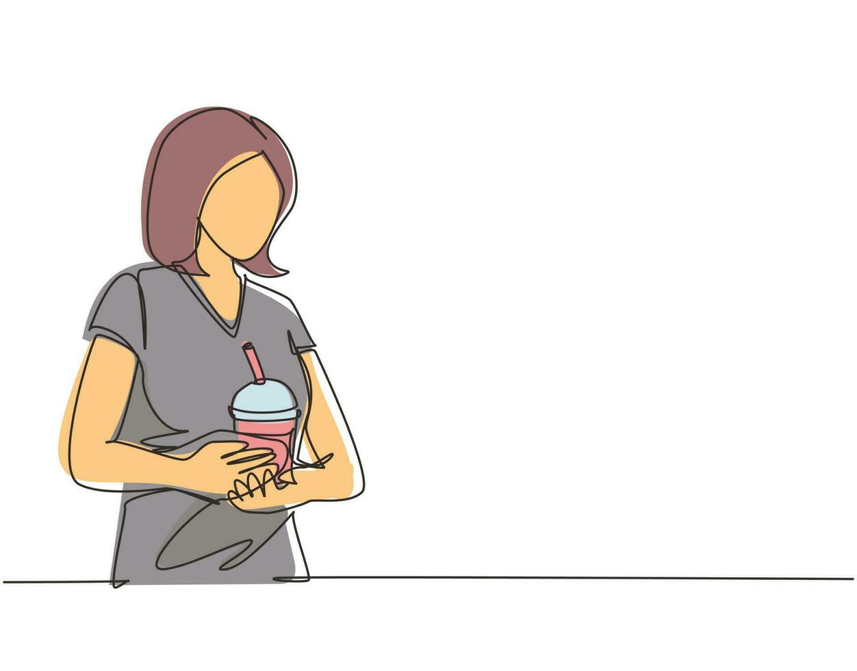 kontinuerlig en rad ritning ung glad kvinna dricker en plast kopp bubbla mjölk te. honan njuter av bubble milk tea med gatumat på nattmarknaden. enkel rad rita design vektorillustration vektor