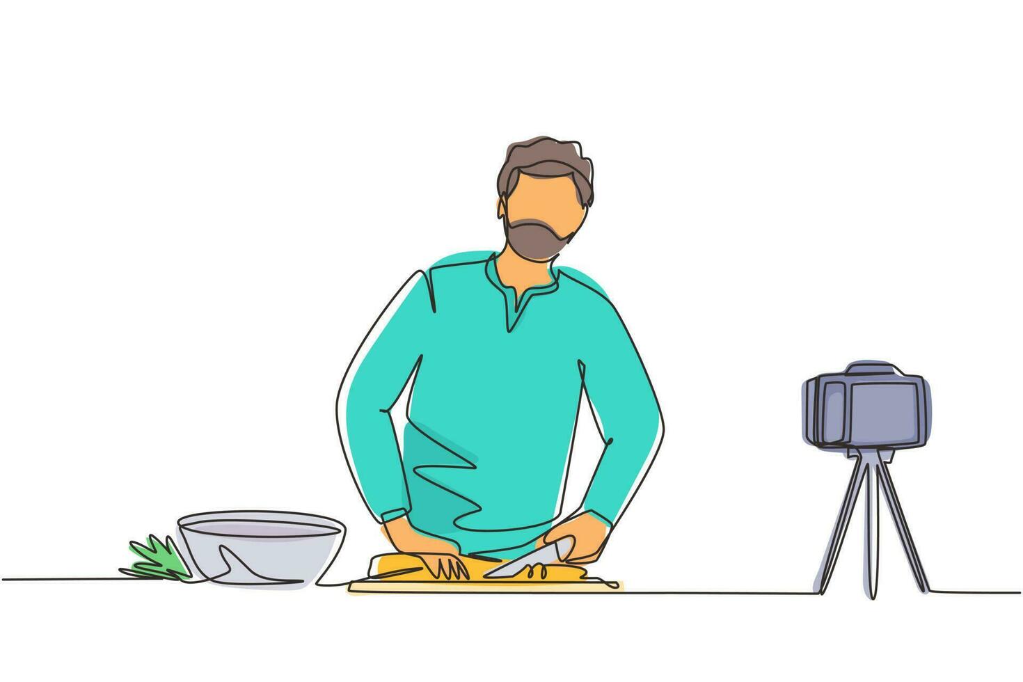 fortlaufende einzeilige zeichnung eines arabischen kochs, der in der küche steht und zwiebeln schneidet, während er sich selbst für einen blog filmt. Auf der Küchentheke sind Gemüse und Gewürze. einzeiliges zeichnen design vektorillustration vektor
