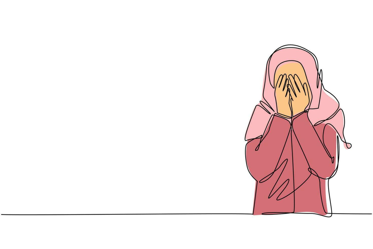 enda kontinuerlig linjeteckning ung arabisk kvinna sluter ögonen med händerna på grund av avsky och ovilja att se något, rädsla eller sorg. en rad rita grafisk design vektorillustration vektor