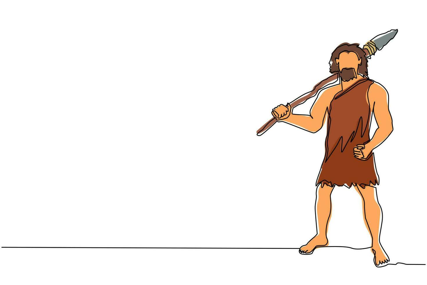 einzelne durchgehende Linie, die einen prähistorischen Mann zeichnet, der einen Steinspeer auf den Schultern hält. primitive Personenjagd. Jäger der Steinzeit. Mann jagt ein altes Tier mit Steinspeer. Designvektor mit einer Linie zeichnen vektor