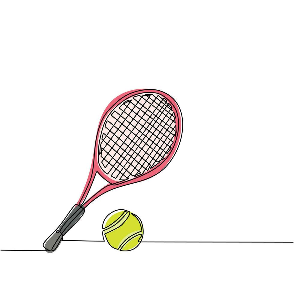 Tennisschläger und Ballausrüstung mit fortlaufender einzeiliger Zeichnung für Wettkampfspiele. sporttennisturniere und meisterschaftsplakate. gesunde Aktivität. einzeiliges zeichnen design vektorillustration vektor