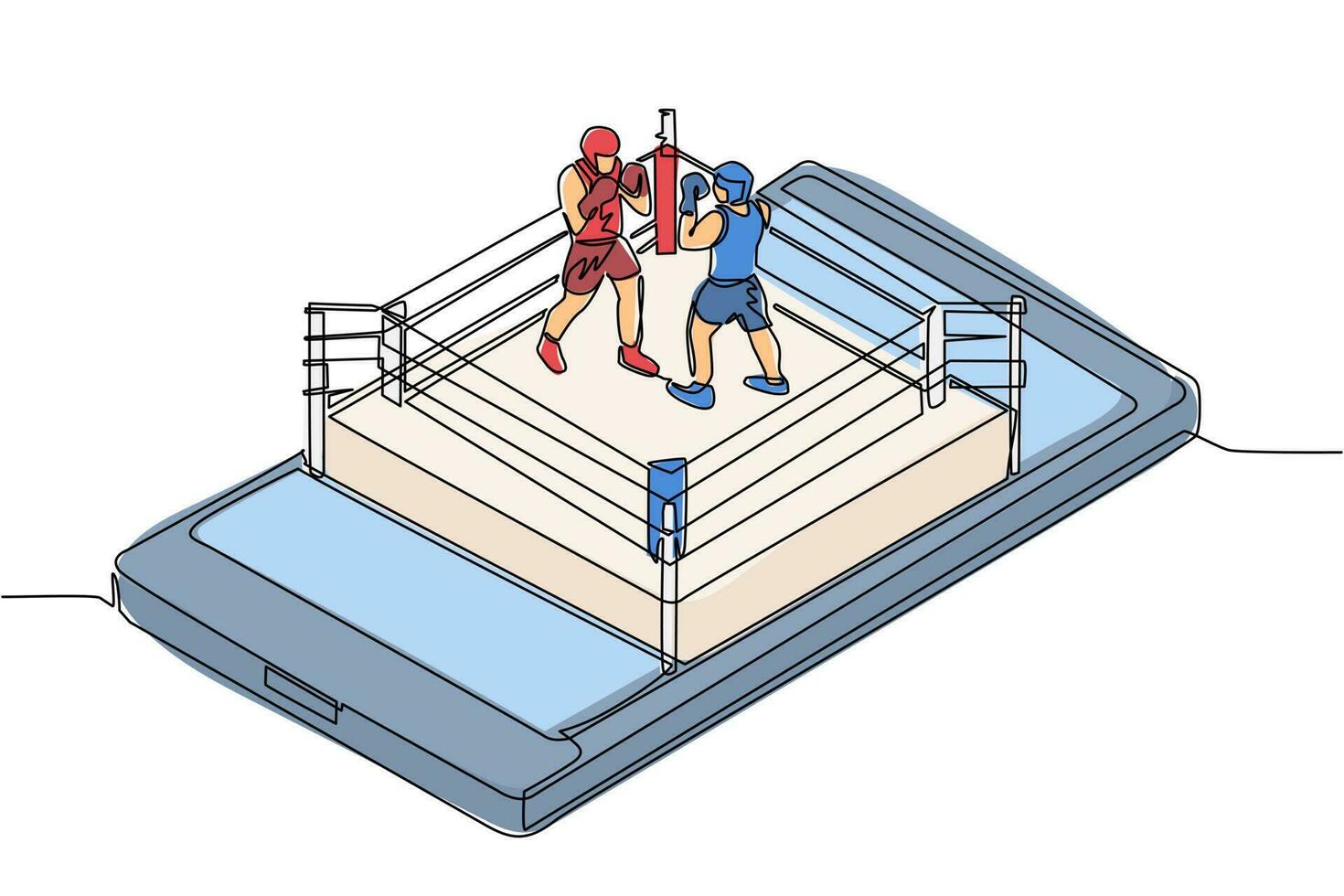 enda kontinuerlig linje teckning boxning ringa med två boxare på smartphone skärm. professionell sporter konkurrens, boxning bekämpa duell under match, mobil app. ett linje dra design vektor illustration