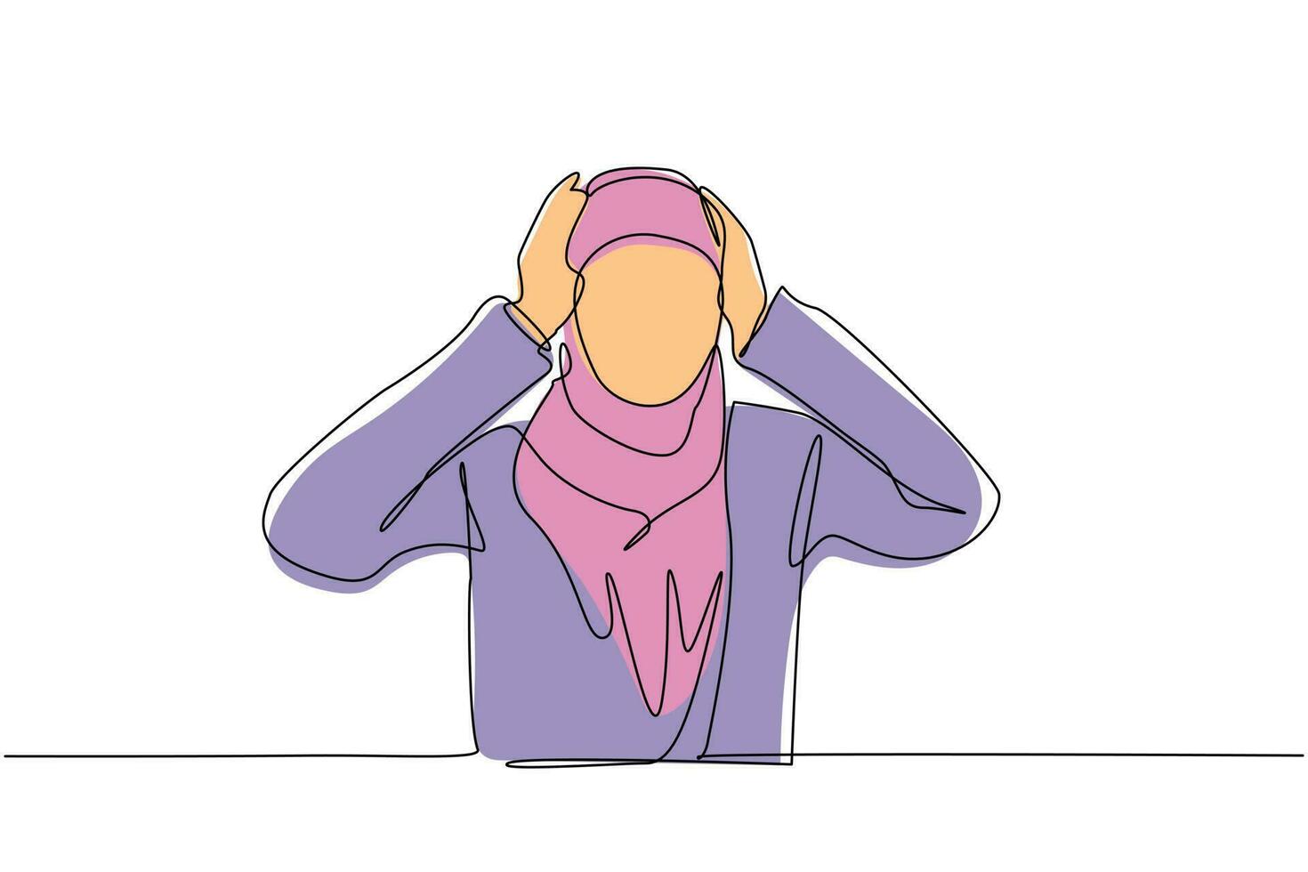 enda kontinuerlig linjeteckning arabisk kvinna som täcker eller stänger öronen med händerna, gör en gest som inte hör eller lyssnar. honan vill inte höra eller lyssna. en rad rita grafisk design vektor