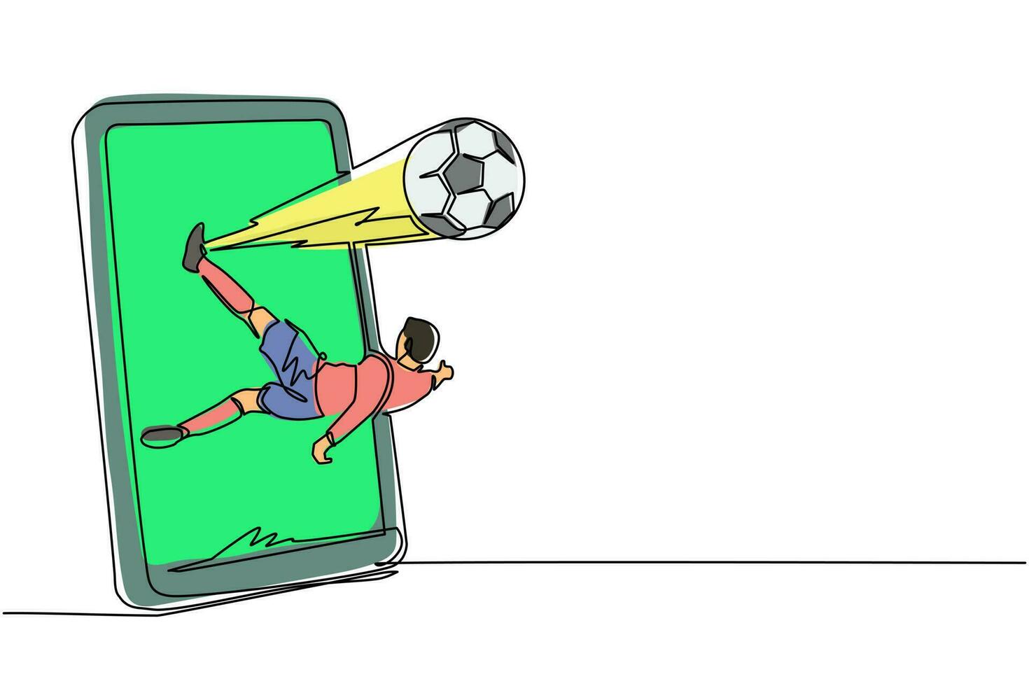 kontinuerlig en rad ritning fotbollsspelare sparkar några overhead bollen från smartphone skärmen. mobil sport spela match. online fotbollsspel med live-mobilapp. en rad rita design vektorgrafik vektor
