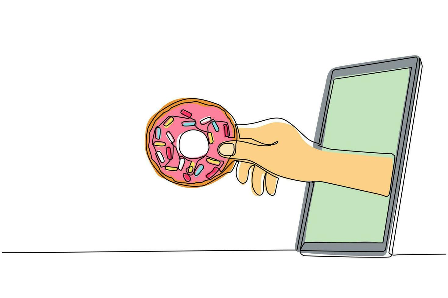 einzelne einstrichzeichnungshand, die donuts durch handy hält. Konzept der Online-Lieferung von Restaurantbestellungen. Anwendung für Smartphones. ununterbrochene Linie zeichnen grafische Vektorillustration des Designs vektor