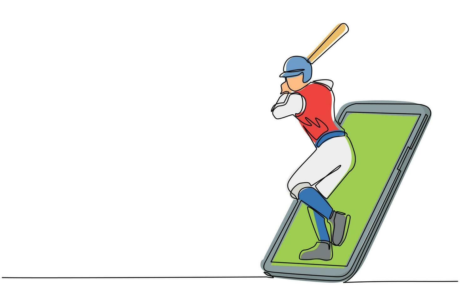 fortlaufende einzeilige Zeichnung Mann Baseballspieler bereit, den Ball zu schlagen, der aus dem Smartphone-Bildschirm herauskommt. Mobile Sportspiele. Mobile App für Online-Baseballspiele. einzeiliger Entwurfsvektor vektor