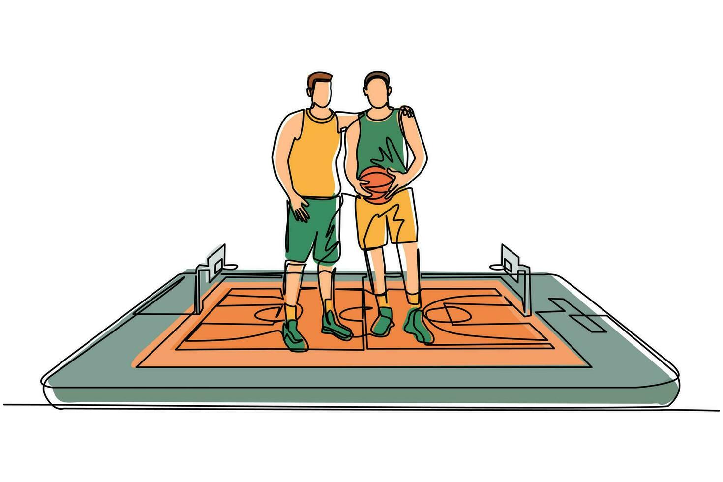 en rad ritning två basketspelare omfamnar varandra på ytan av smartphone. mobil basket. mobil sport spela match. modern kontinuerlig linje rita design grafisk vektorillustration vektor