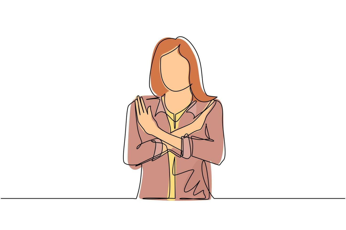 enda kontinuerlig linjeteckning ung kvinna som korsar armarna och säger ingen gest. person som gör x-form, stoppskylt med händer och negativt uttryck. en rad rita grafisk design vektorillustration vektor
