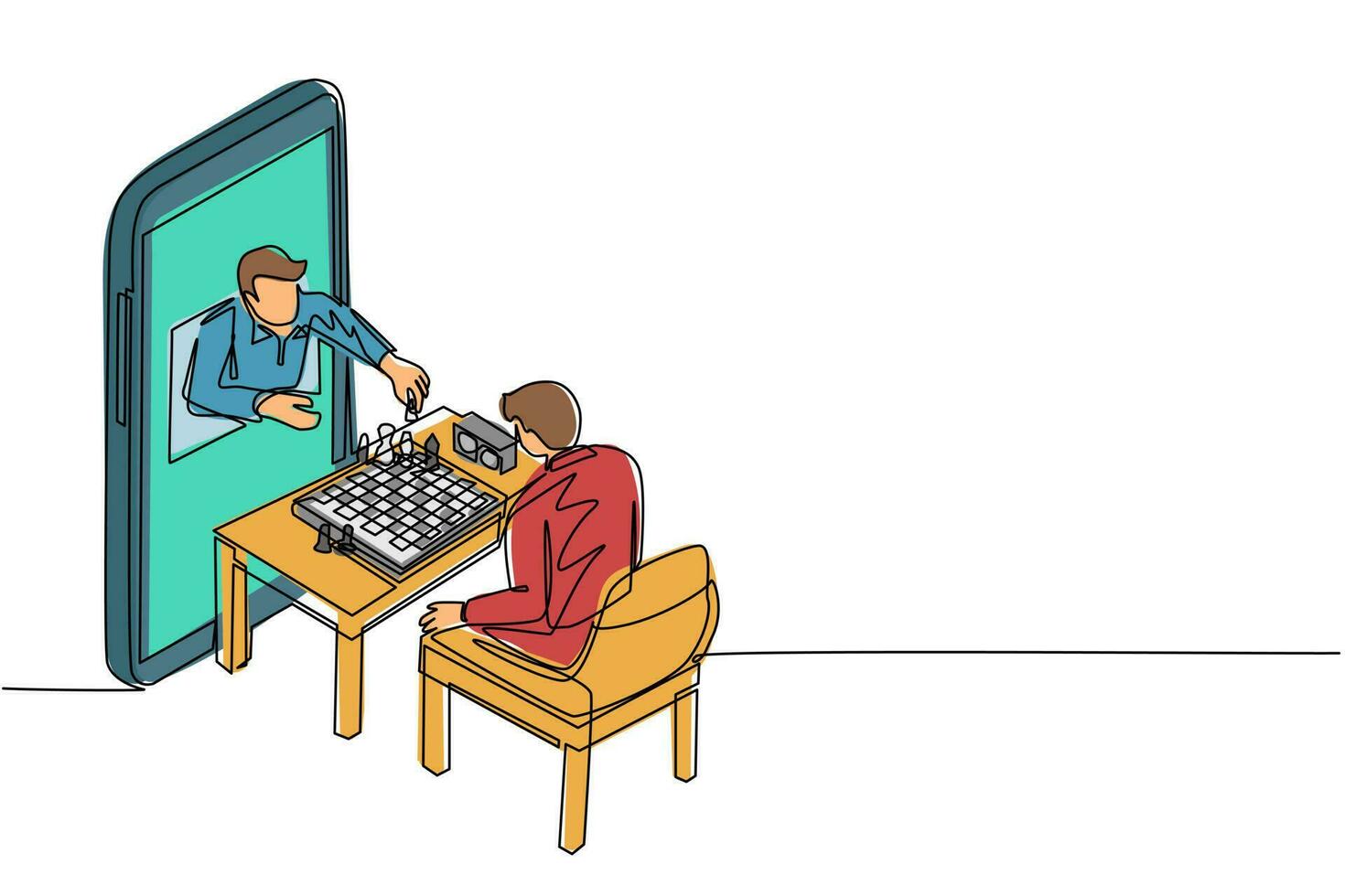 kontinuerlig en rad teckning online schack utbildning koncept. två unga man sitter vid bordet med schackbräde. läraren visar hur man spelar från smartphone. enkel rad rita design vektorillustration vektor