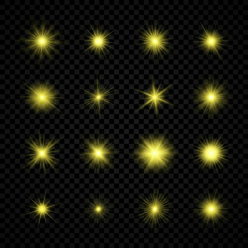 ljus effekt av lins bloss. uppsättning av sexton gul lysande lampor starburst effekter med pärlar vektor