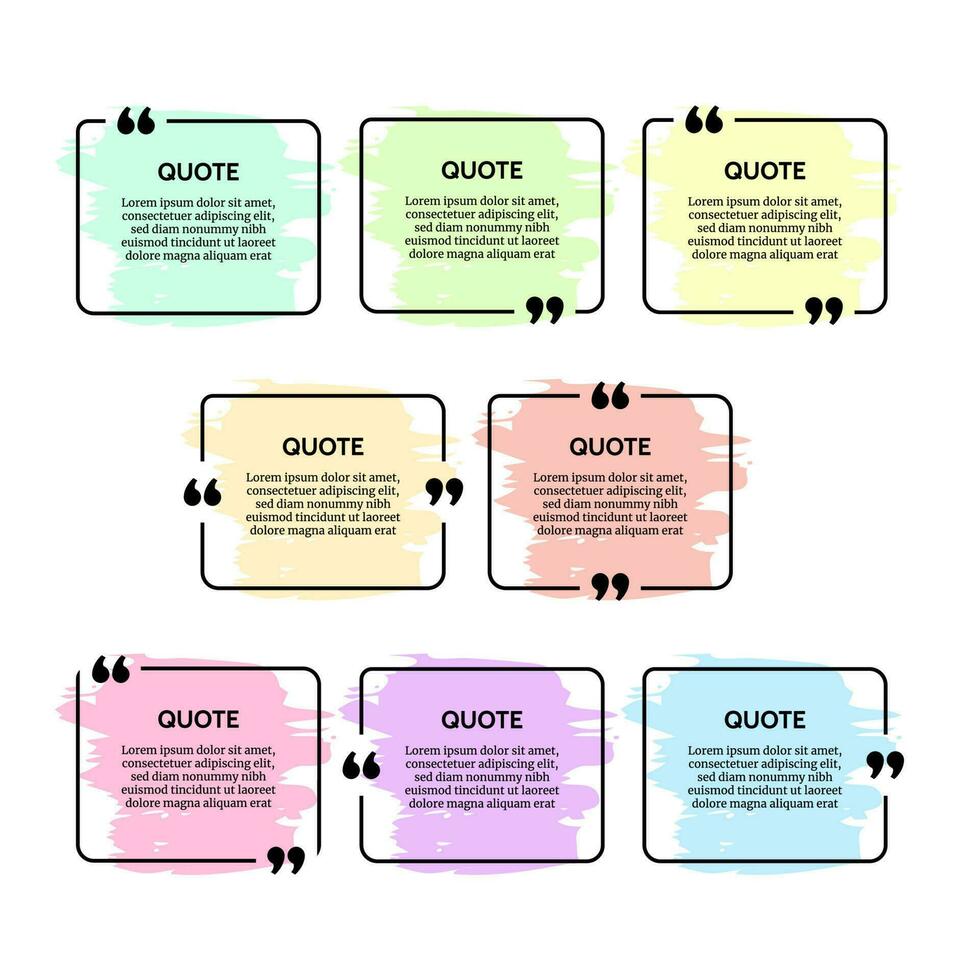 einstellen von acht schwarz gerundet rechteckig Zitat Box Frames mit Farbe Abstriche isoliert auf Weiß Hintergrund. Vektor Illustration