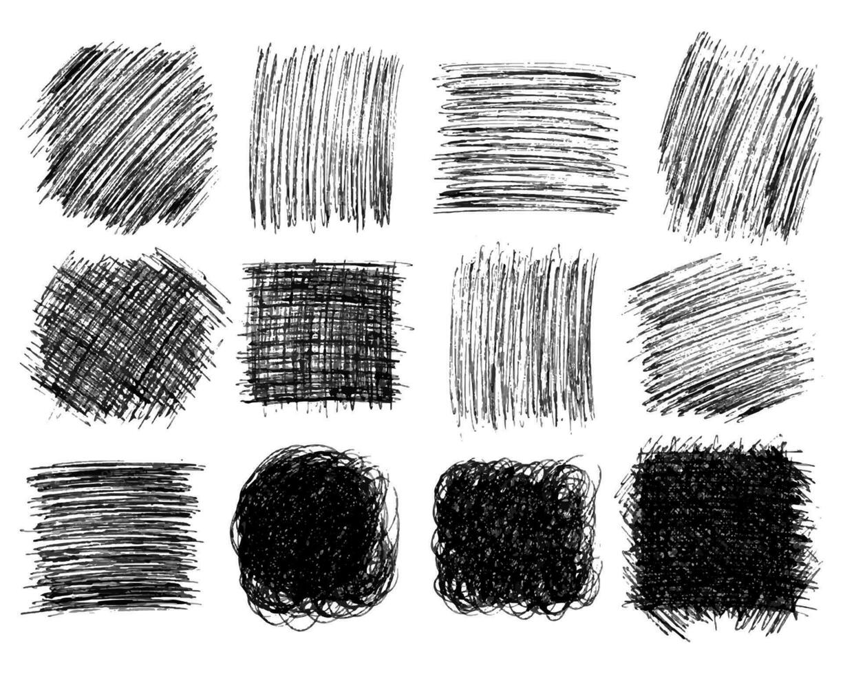 kvadrater hand dragen klottra stor uppsättning. uppsättning av abstrakt svartvit klotter fläckar isolerat på vit bakgrund. vektor illustration