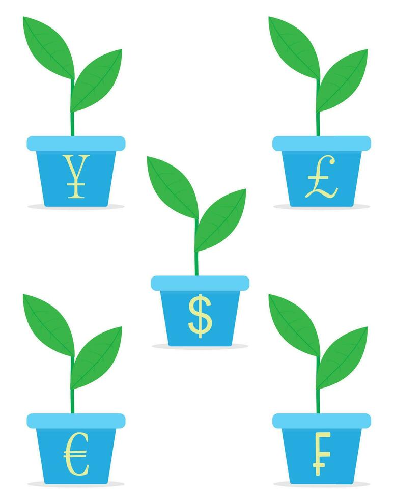 tillväxt inkomst från Start upp uppsättning. gro i en pott. vinst pengar tillväxt och finansiera gro växt i pott. vektor platt design illustration