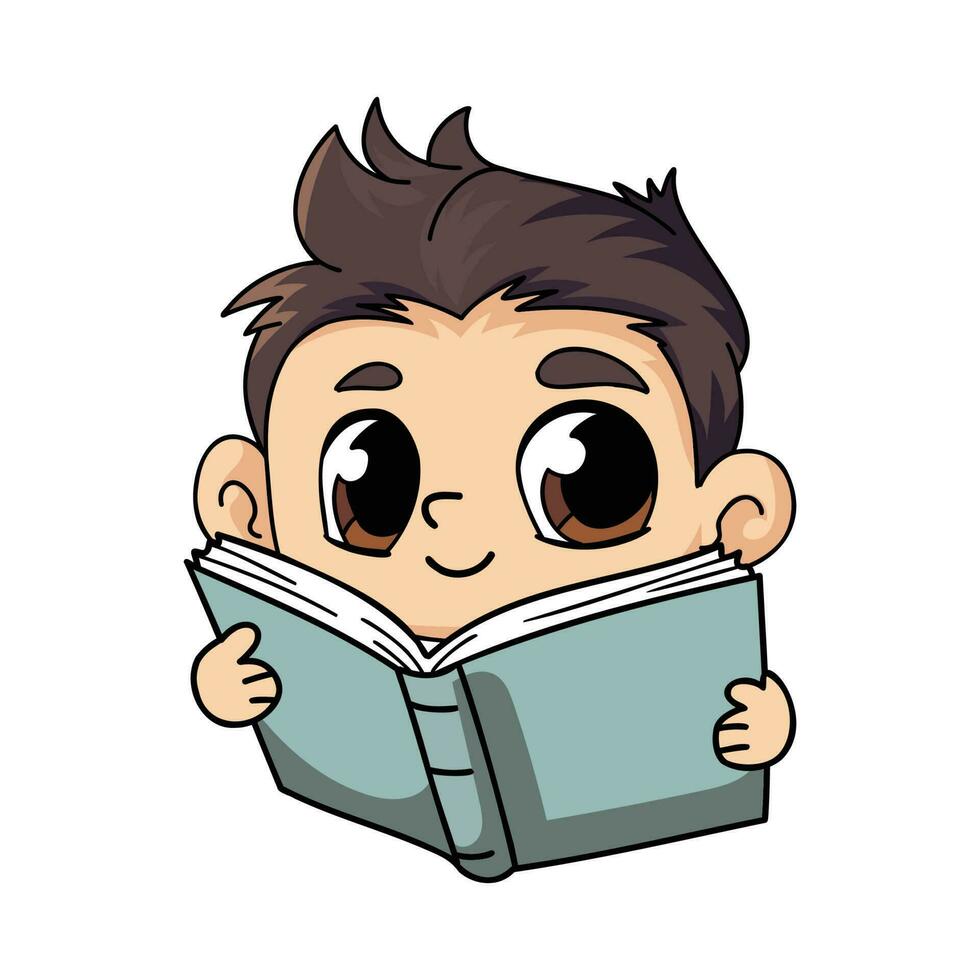 Lycklig pojke läsning en bok illustration i klotter stil vektor