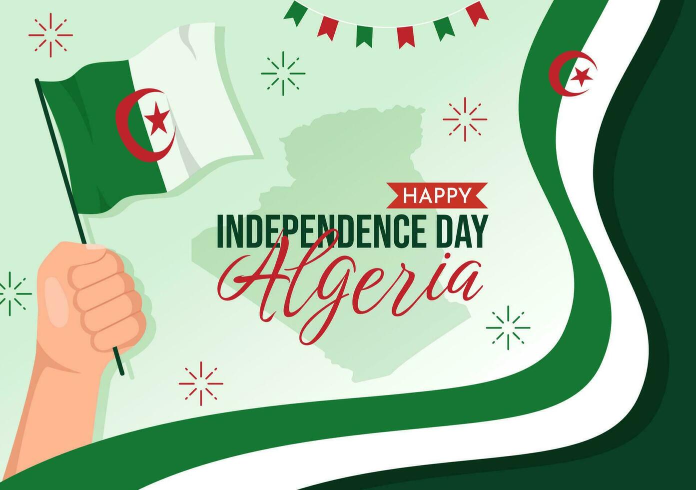 Lycklig algeriet oberoende dag vektor illustration med vinka flagga i platt tecknad serie hand dragen landning sida grön bakgrund mallar
