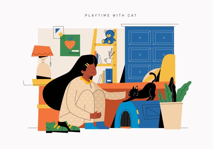 Söt tjej och hennes katt som leker i sovrummet Vector Flat Illustration