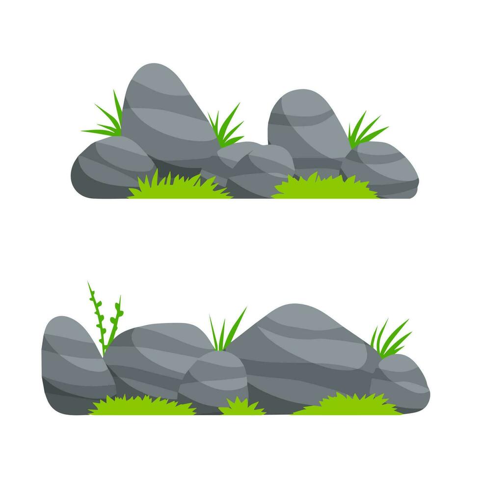 Reihe von Steinen. Landschaft aus Natur, Wäldern und Bergen. Trümmerhaufen. flache karikaturillustration. dekoratives Element. Gras und Grünpflanzen vektor