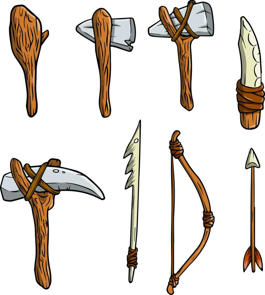 uppsättning av objekt av primitiv man och jägare. vapen av grottman. sten ålder hammare, yxa och klubb. livsstil och verktyg. tecknad serie illustration vektor