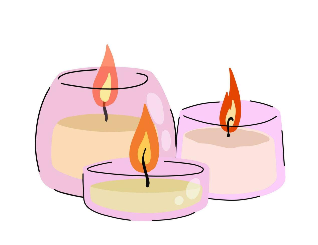 Duftkerzen im Glas. Set aus romantischer Flamme und Feuer in dekorativem Glas. gekritzelkarikatur lokalisiert auf weißem hintergrund vektor