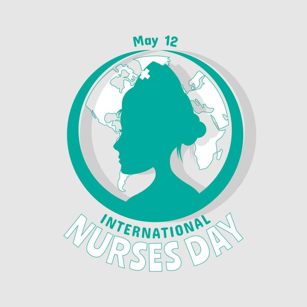 International Krankenschwestern Tag Logo mit ein weiblich Krankenschwester Silhouette im Vorderseite von das Welt Karte vektor
