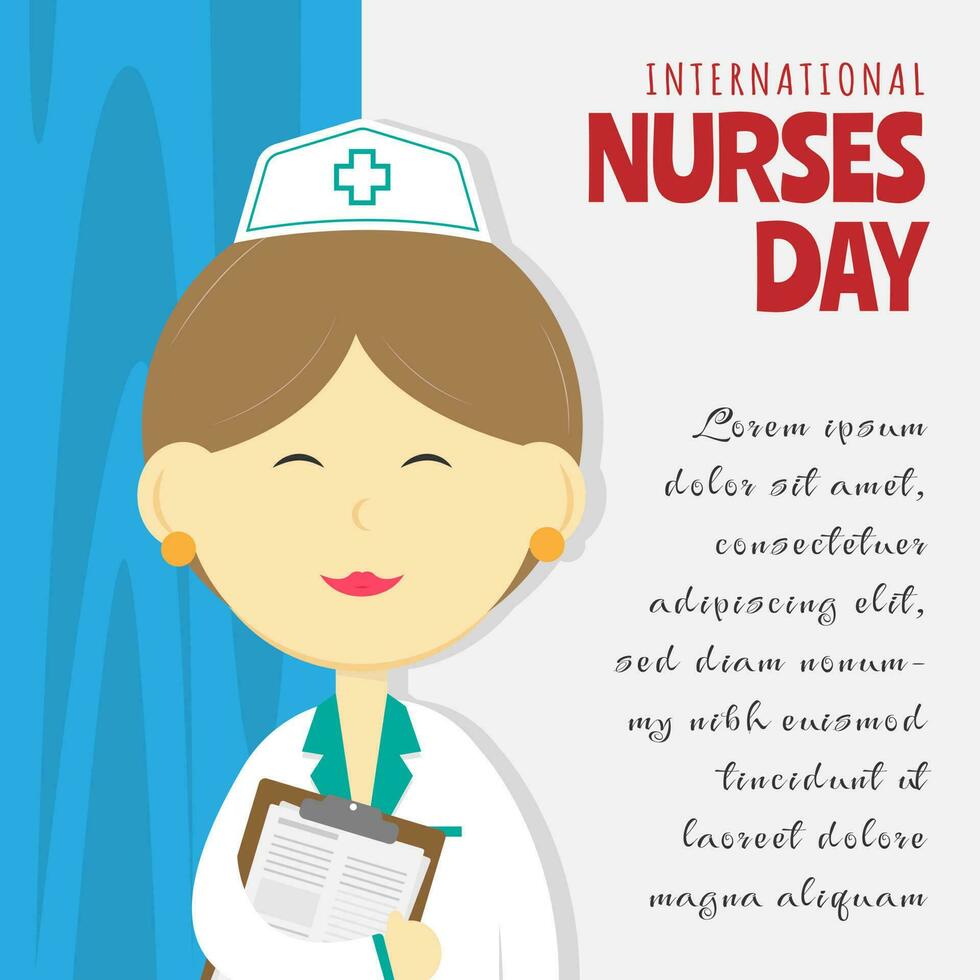 internationell sjuksköterskor dag hälsningar med en kvinna sjuksköterska innehar medicinsk spela in notera stående i främre av de ridå vektor