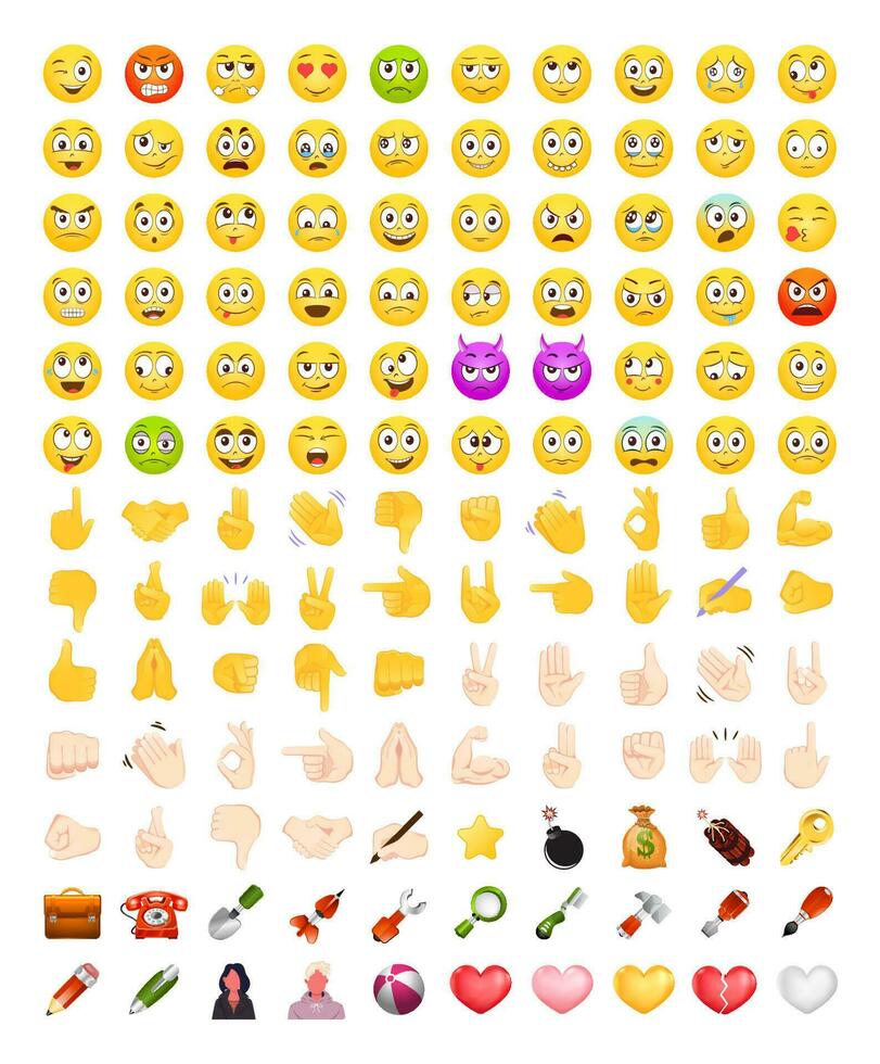 Gesicht und Hand Emoji einstellen isoliert auf Weiß Hintergrund Vektor Illustration. Lächeln Symbole Sammlung.