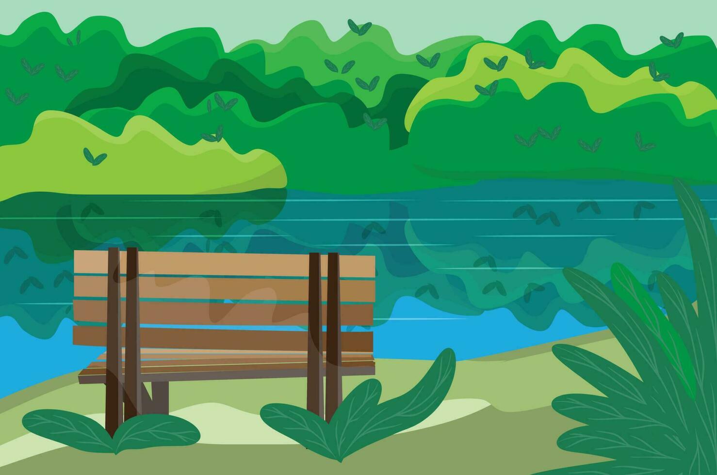 Sammanträde bänk tillbaka se bredvid en skön vatten sjö vektor illustration med vatten reflexion. natur bakgrund.