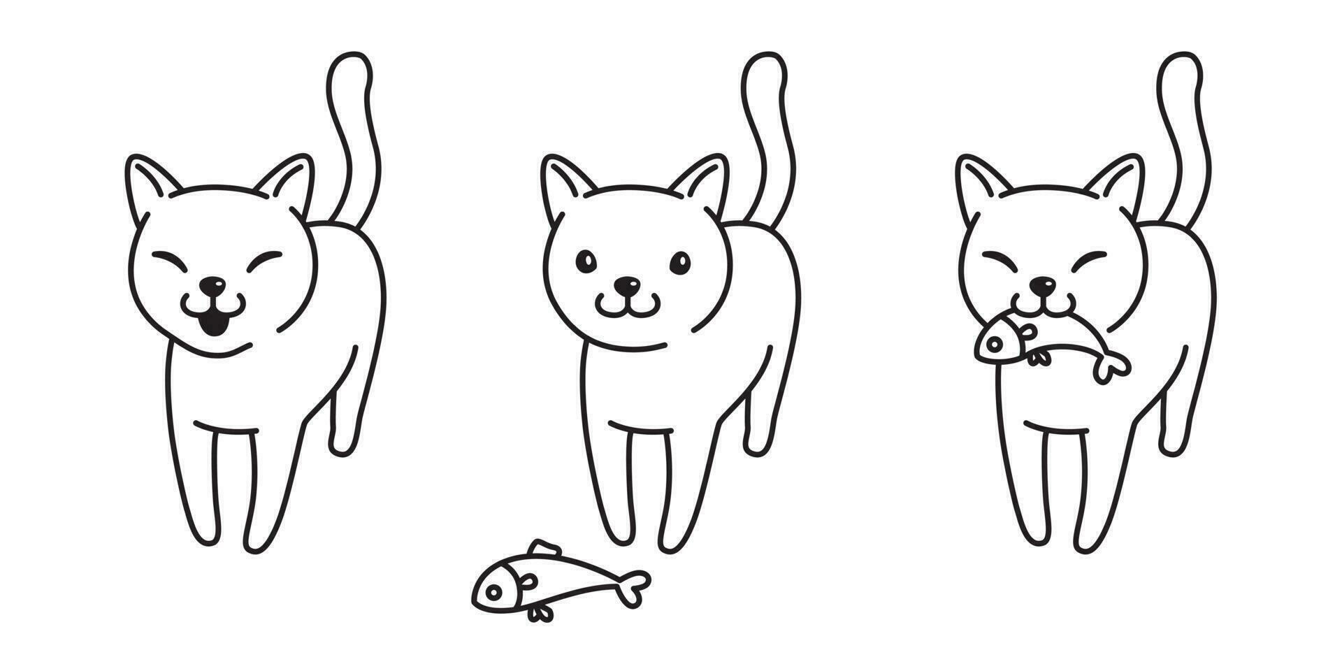 Katze Vektor Symbol Kätzchen Logo Karikatur Charakter Kattun Lachs Fisch glücklich Lächeln Illustration Gekritzel