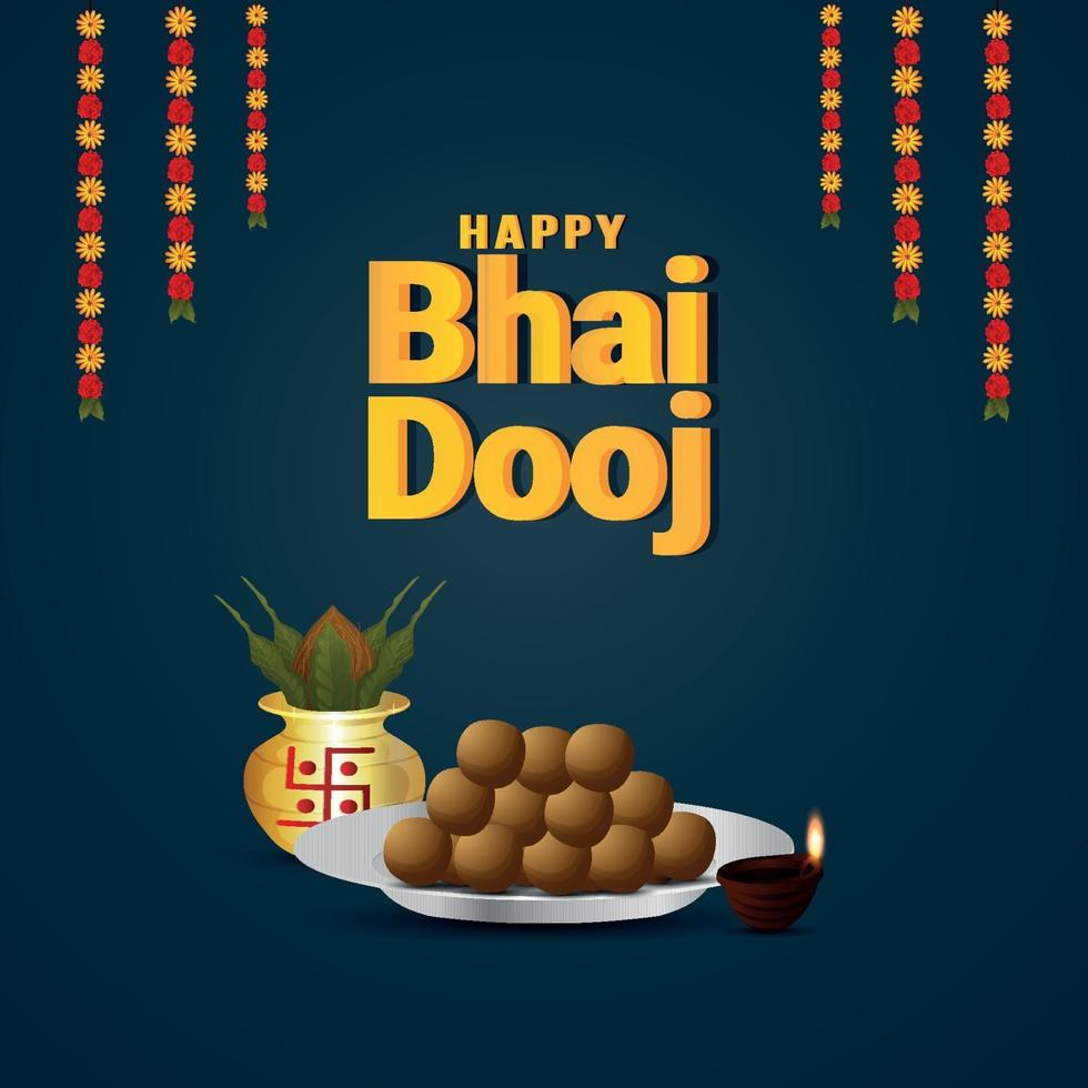 glückliche bhai dooj Feiergrußkarte mit goldenem Kalash und süßem Teller vektor