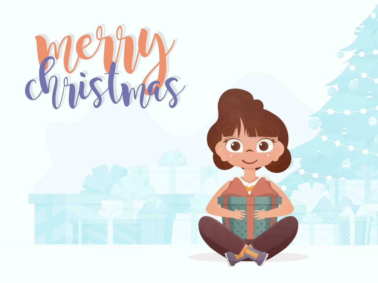 ein süß wenig Mädchen ist halten ein Geschenk Box im ihr Hände. fröhlich Weihnachten Postkarte. eben Stil. vektor