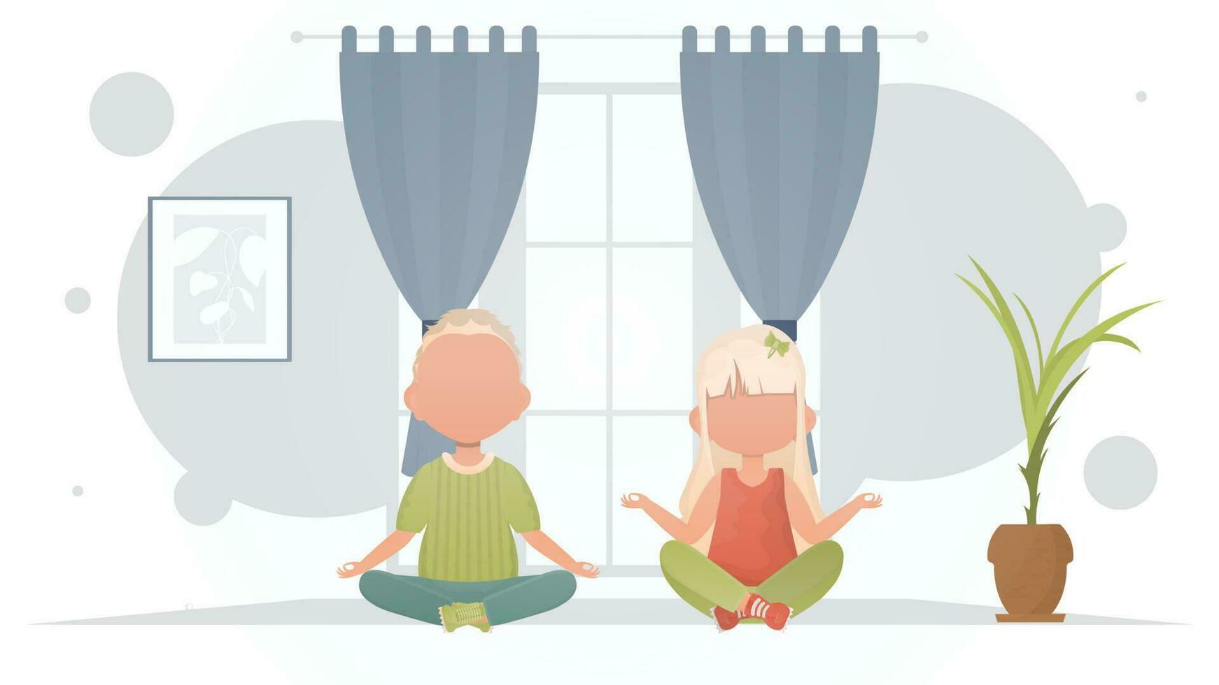 ein wenig Junge und ein süß Mädchen sind tun Yoga im das Zimmer. Meditation. Karikatur Stil. vektor