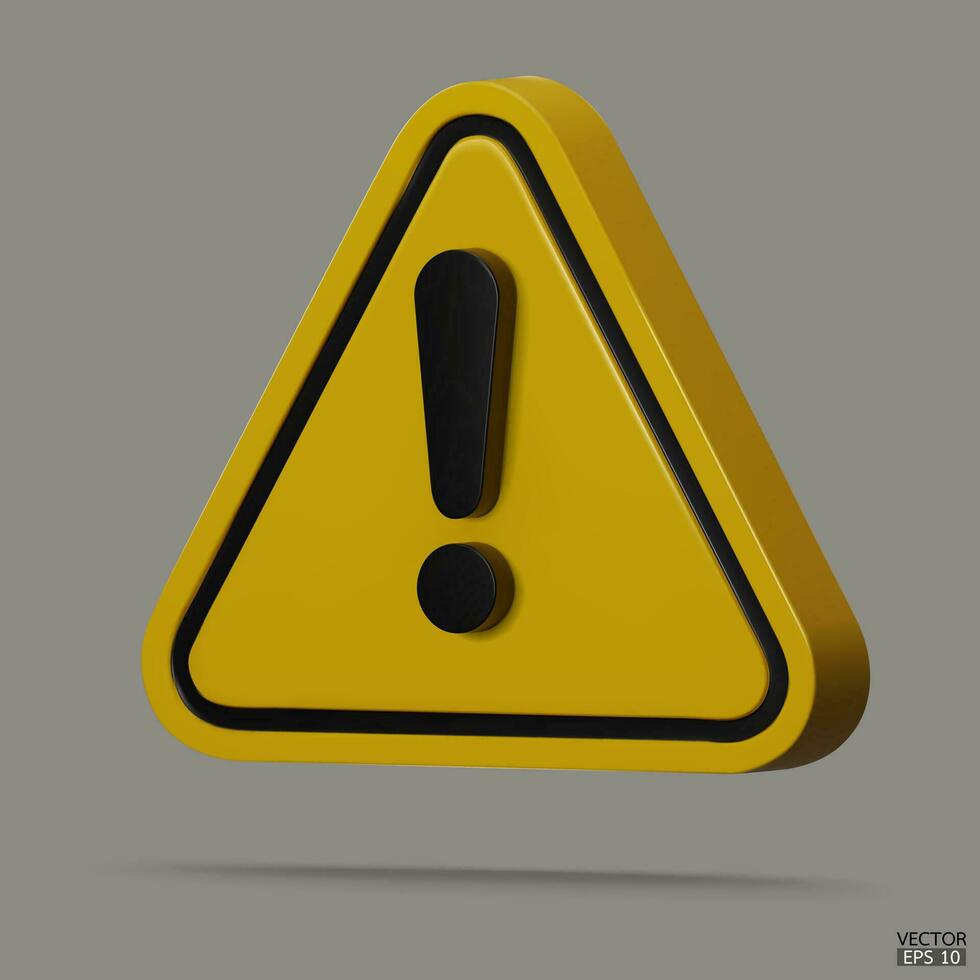 3d realistisk gul triangel varning tecken isolerat på grå bakgrund. fara varning uppmärksamhet tecken med utrop mark symbol. fara, varna, farlig uppmärksamhet ikon. 3d vektor illustration.