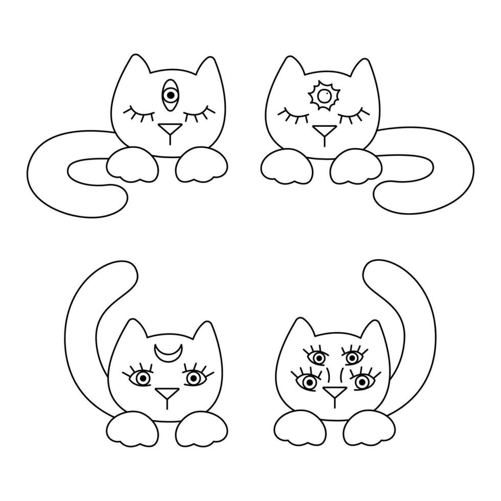 små uppsättning av fyra söt magisk katt ansikten. klotter vektor illustration, ClipArt.