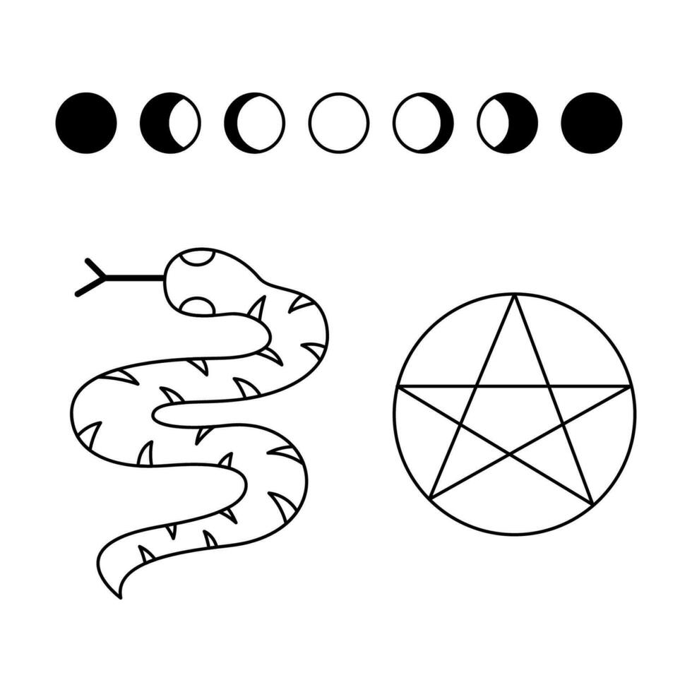 små med måne faser, orm och pentagram. klotter vektor illustration, ClipArt.