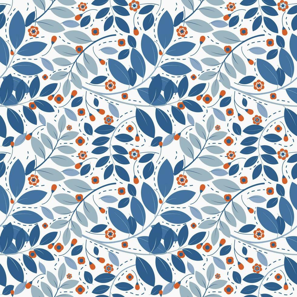 Vektor Hintergrund nahtlos Muster von Blau Blätter und Orange Blumen auf Weiß Hintergrund.Idee zum ein Buch Startseite Design.Geschenk Verpackung Papier oder Papier zum Produkt design.vektor Illustration.