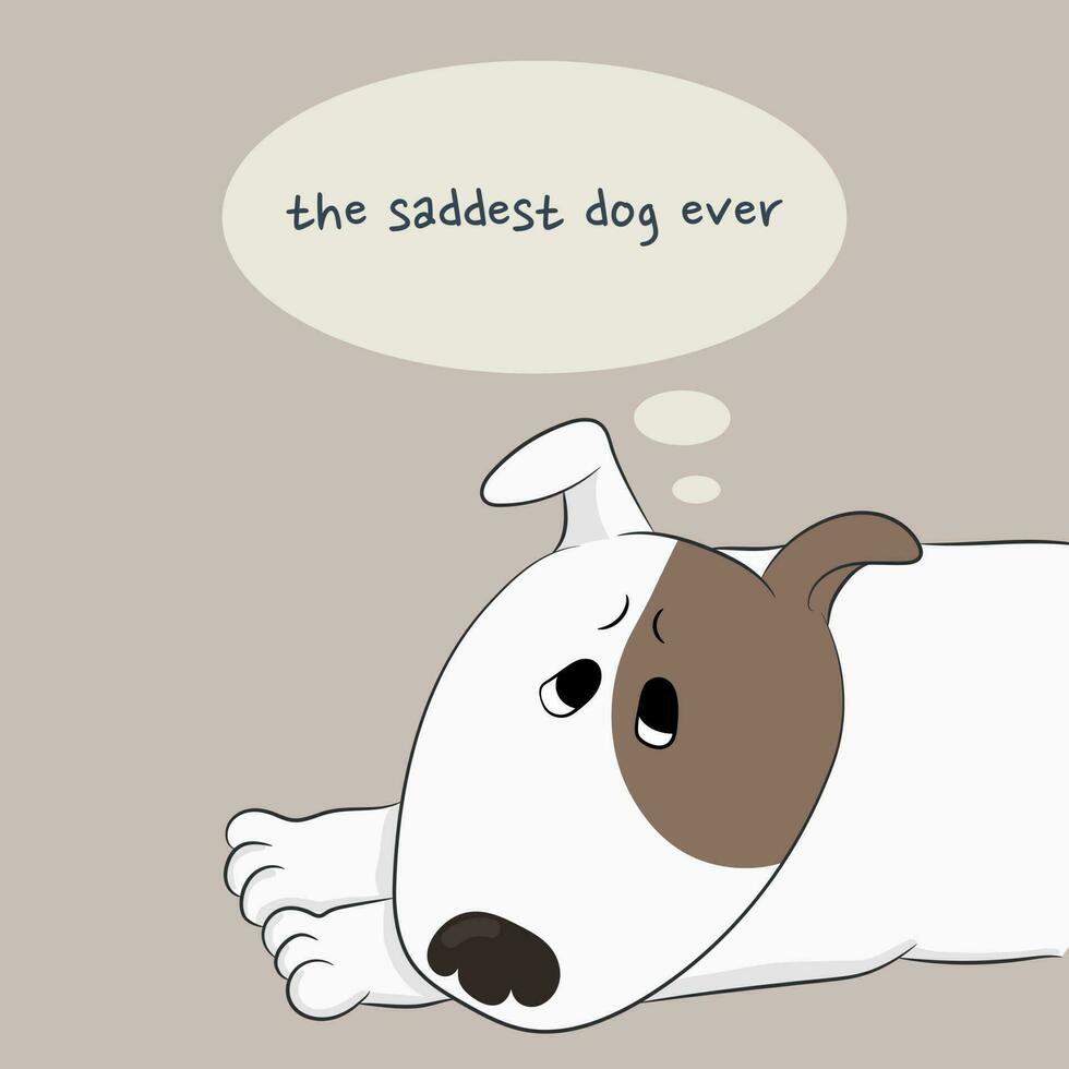 traurig Karikatur Hund Lügen mit Rede Luftblasen und Phrase das am traurigsten Hund immer. Hand gezeichnet Vektor Kunst