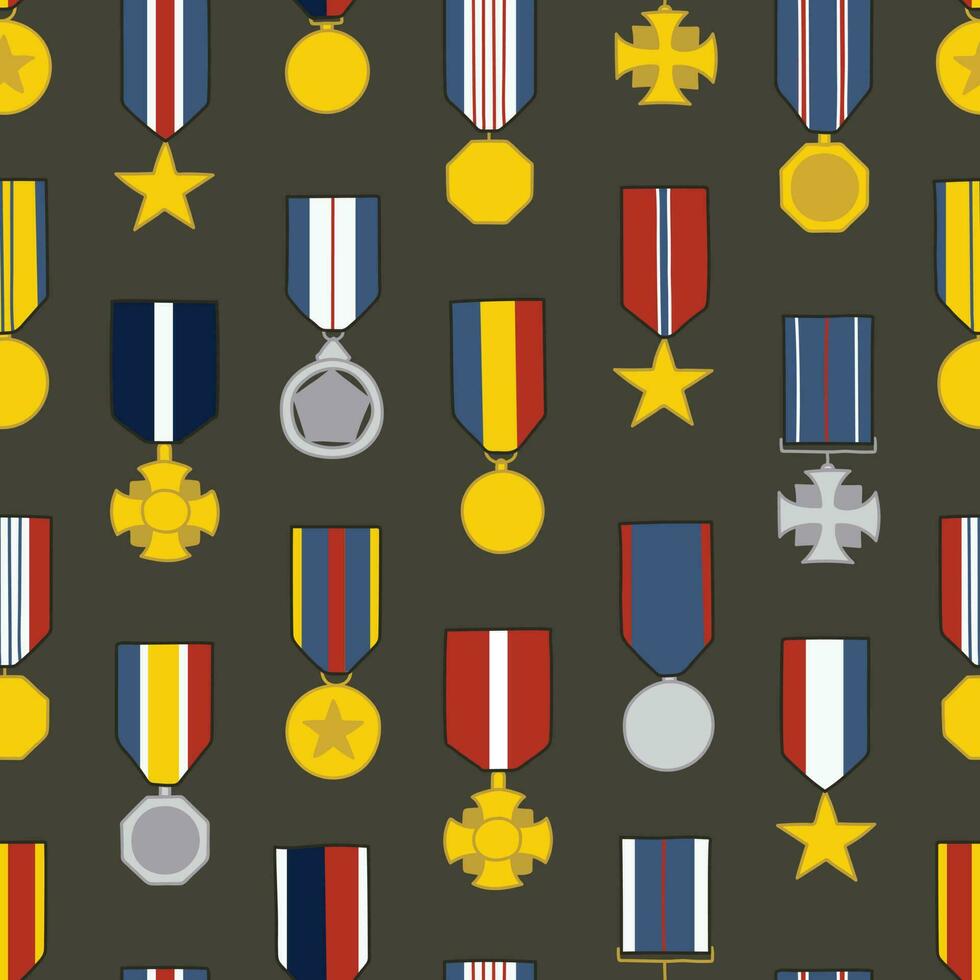 oss militär medaljer sömlös mönster på mörk grön bakgrund vektor