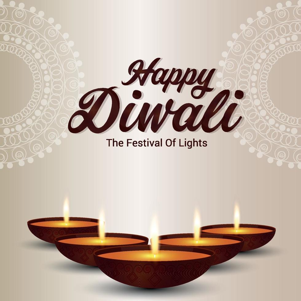 glad diwali ljusfestivalen på vit bakgrund med diwali diya vektor