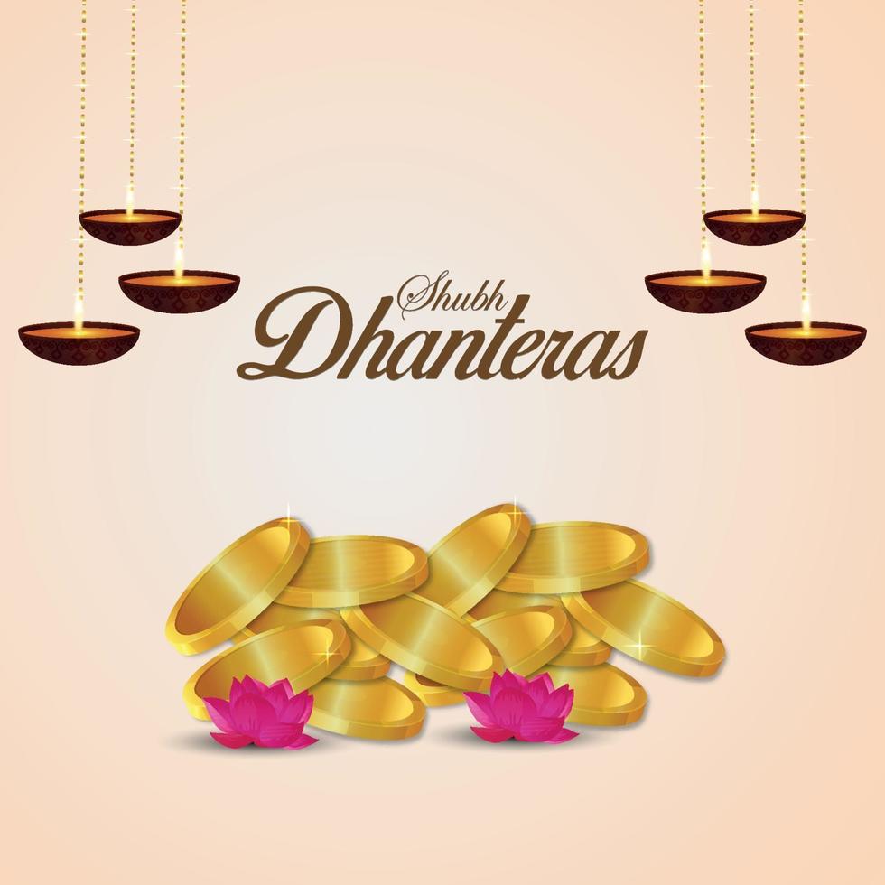 shubh dhanteras firande gratulationskort med guldmynt på vit bakgrund vektor