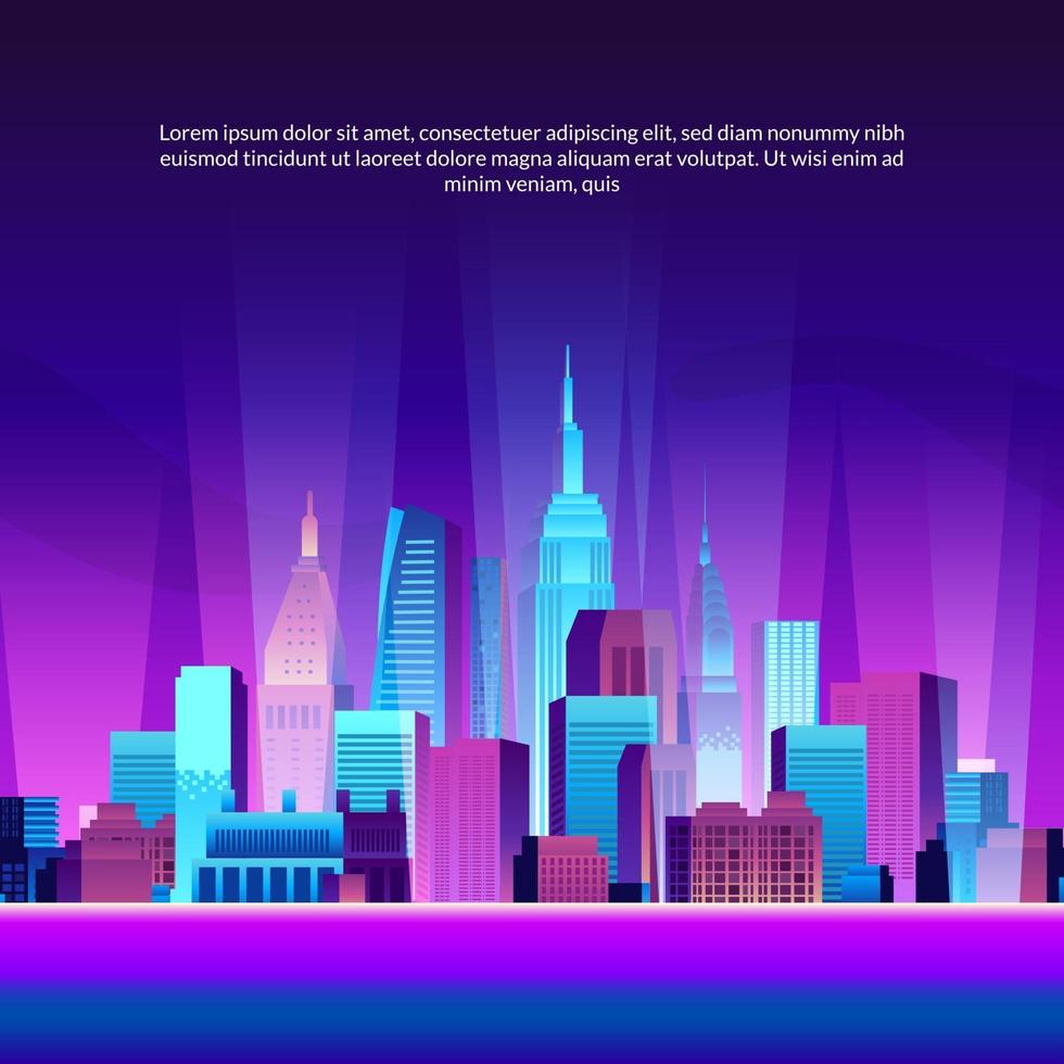 städtische Großstadt Gebäude Wolkenkratzer Pop Gradient moderne Neon Glow Color Landschaftsszene Illustration mit Meer und bunten lila Gradient Nacht Hintergrund vektor