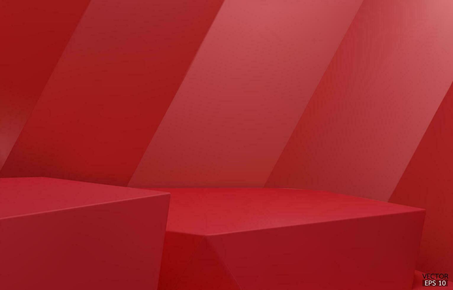 3d geometrisch 2 Schritt Podium. rot Hexagon Würfel, Platz Podium im rot Hintergrund. Konzept Szene Bühne Vitrine, Produkt, Beförderung Verkauf, Banner, Präsentation, Kosmetik. 3d Vektor Illustration.