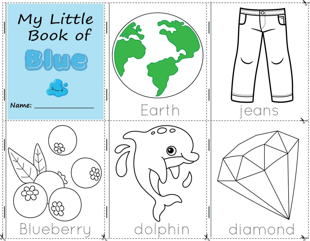 min liten bok av blå Färg objekt blå till måla dem som de är i verklig liv. utbildning kalkylblad för barn. jorden, jeans, blåbär, delfin, och diamant vektor