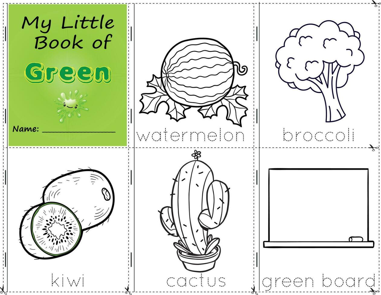 min liten bok av grön Färg objekt grön till måla dem som de är i verklig liv. utbildning aktiviteter kalkylblad för barn.vattenmelon, broccoli, kiwi, kaktus, och grön styrelse vektor