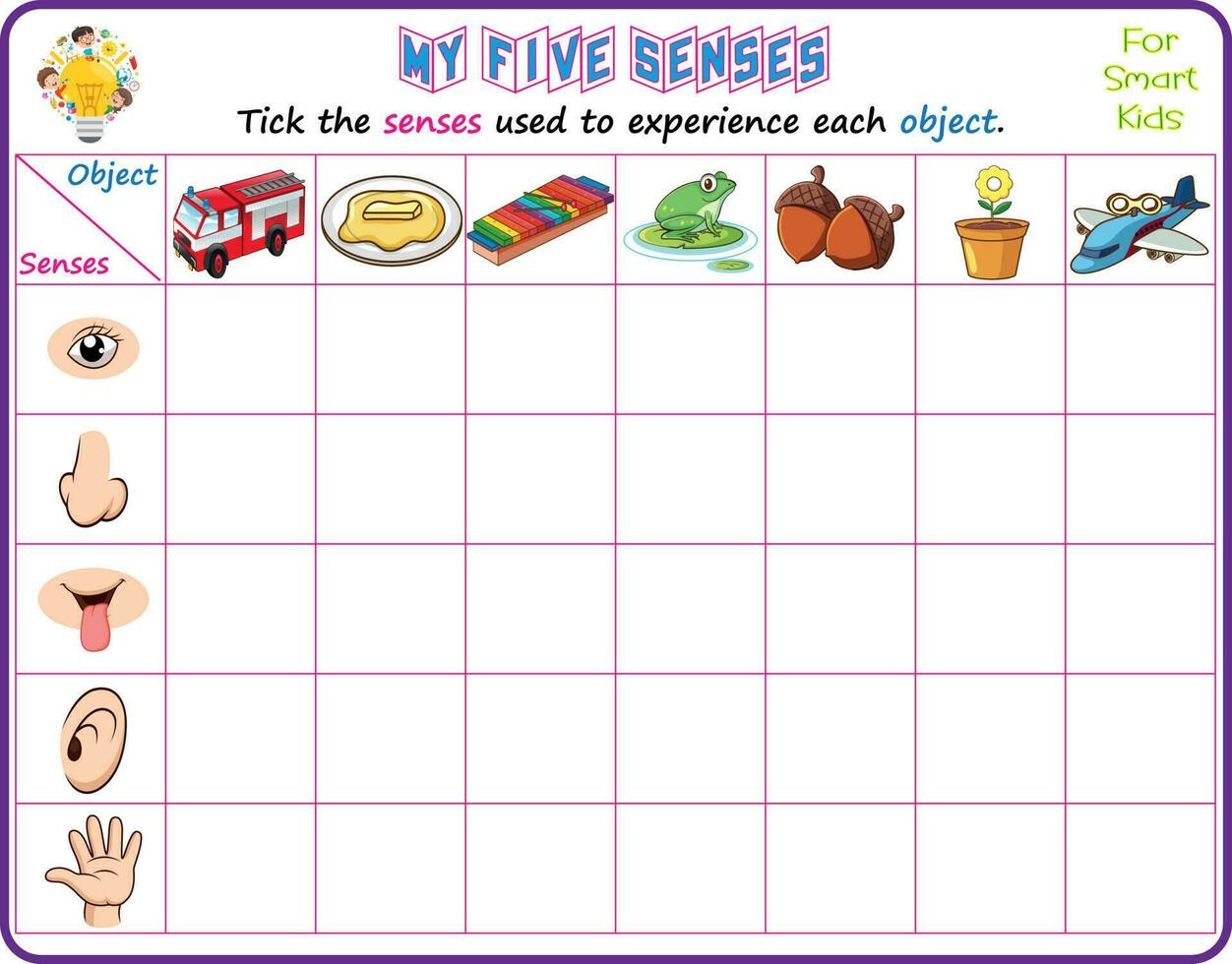 Logik lehrreich Wissenschaft druckbar Arbeitsblatt zum Clever Kinder zu analysieren welche von das fünf Sinne könnte Sein benutzt im erkennen das Objekte im das Bilder und Tick das angemessen Sinne vektor