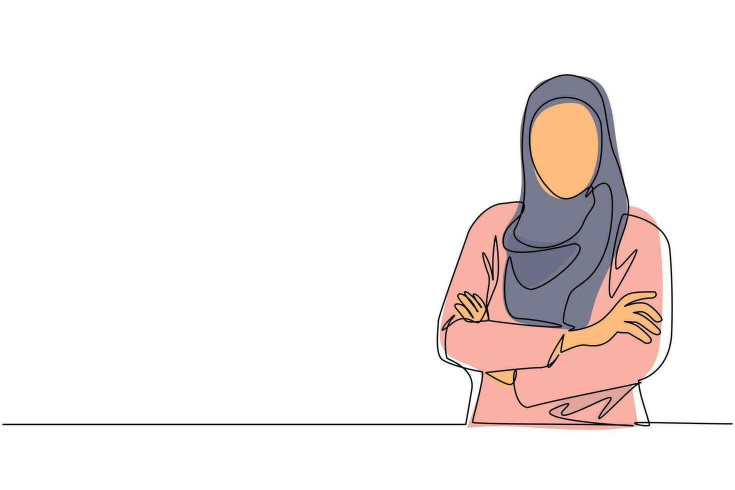 enda kontinuerlig linjeteckning ung arabisk affärskvinna som står med korslagda armar. söt kvinna i hijab med armarna i kors stående isolerade. dynamisk en rad rita grafisk design vektorillustration vektor