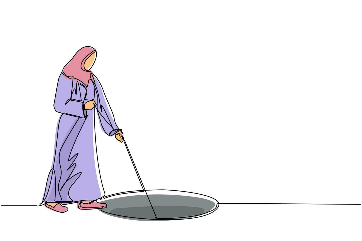 durchgehende einstrichzeichnung arabische geschäftsfrau streckt seil in loch. frau wundert sich, betrachtet großes loch, geschäftskonzept in gelegenheit, erforschung, herausforderung. einzeiliger Entwurfsvektor vektor