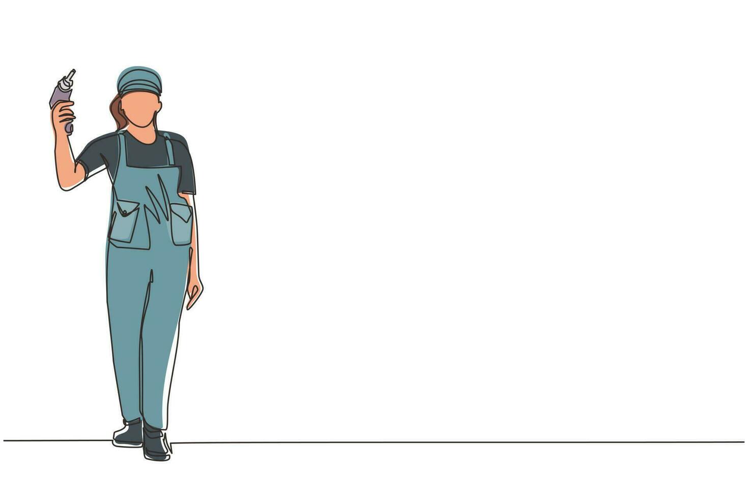enda en rad ritning kvinna arbetare håller elektrisk borr verktyg för reparation. byggare i uniform. handywoman i overall. reparatör med instrument. modern kontinuerlig linje rita design grafisk vektor