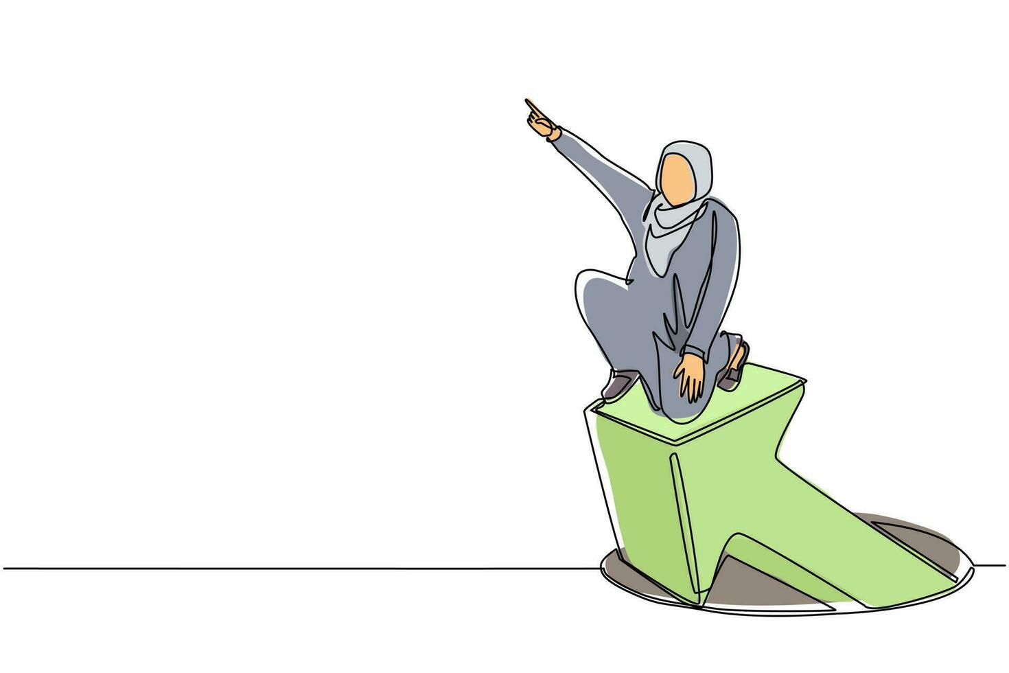 kontinuerlig en rad ritning arabisk affärskvinna stående på pilar kommer ut ur hål. kvinna ledande finansiell graf stiger från hål. affärstillväxt. enkel rad rita design vektorillustration vektor